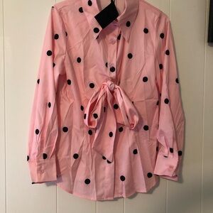 FHQ Collection NWT Pink with Black Polka Dots Tie-Front Blouse Small